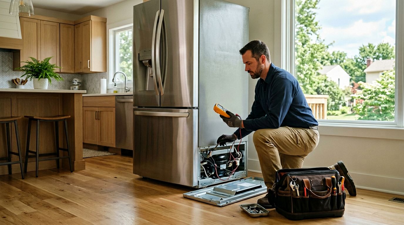 Appliance technician working on a refrigerator in a Summit County kitchen